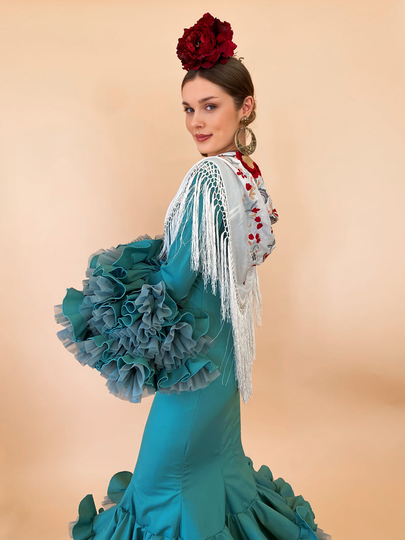Mantón blanco bordado colores